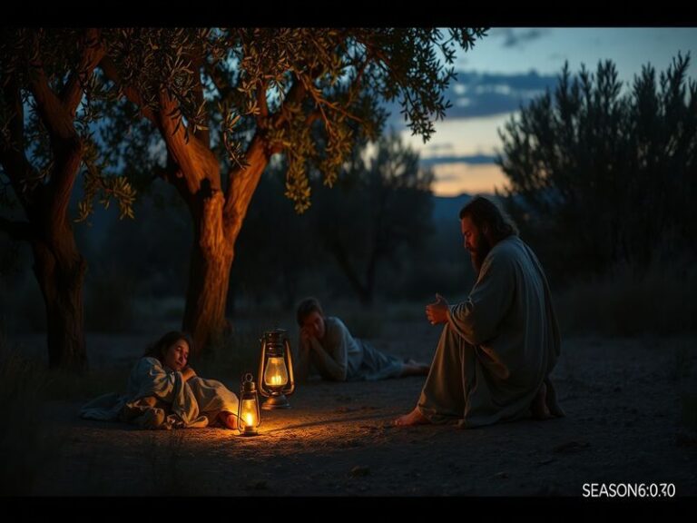 A cinematic shot of The Chosen Season Six set in an ancient Mediterranean marketplace, bustling with diverse crowds, merchant