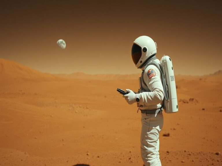 A cinematic scene featuring a lone astronaut floating in the void of space, wearing a white NASA-style suit with Earth visibl