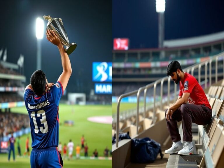 A vibrant cricket stadium packed with fans wearing blue and gold (MI) and red and blue (DC) jerseys, with the Mumbai skyline