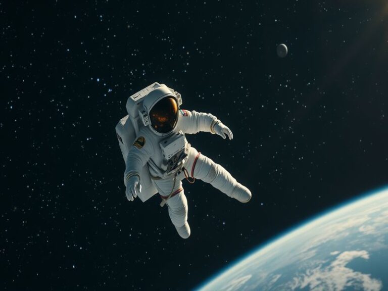 A cinematic scene showing Ryan Gosling as Ryland Grace in a futuristic spacesuit, floating in zero gravity against the backdr