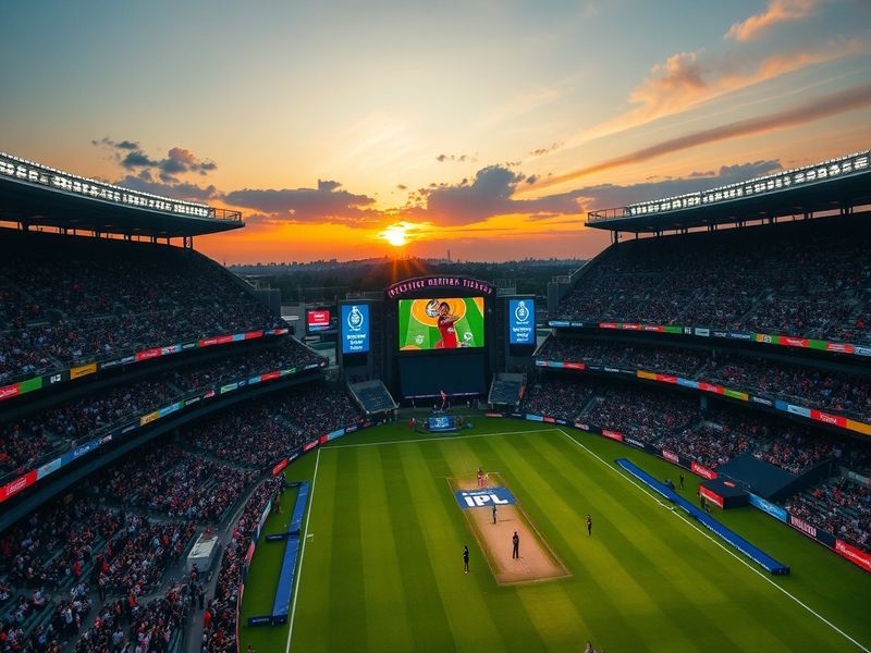 A vibrant stadium packed with cheering fans under floodlights, featuring players from multiple teams in action on a lush gree