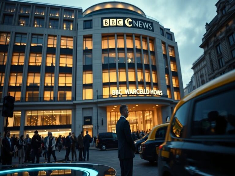 A split-screen image showing a BBC World News studio with a globe in the background, representing global broadcasting. The le