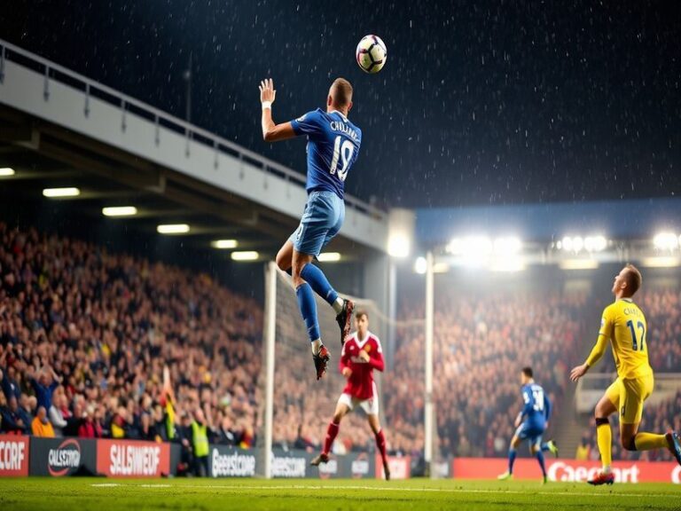 A vibrant match-day image of Chelsea players celebrating a goal at Vale Park, with Port Vale fans in the background, under br