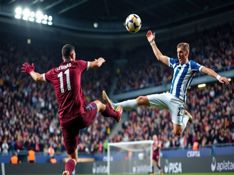 A mid-action shot of a Real Sociedad player in blue and white stripes dribbling past a Levante defender in orange, with the A
