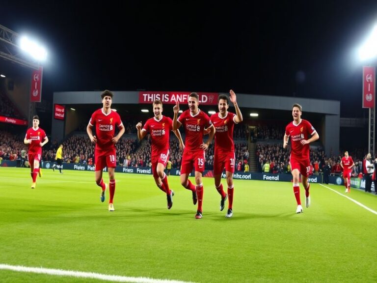 A vibrant scene from Anfield stadium during a Liverpool FC match, with fans in red jerseys, confetti raining down, and the ic