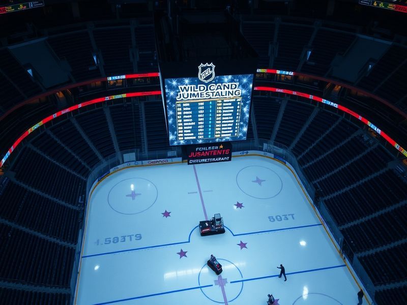 A tense NHL locker room scene with players and coaches reviewing stats on a tablet during a game, highlighting late-season pl