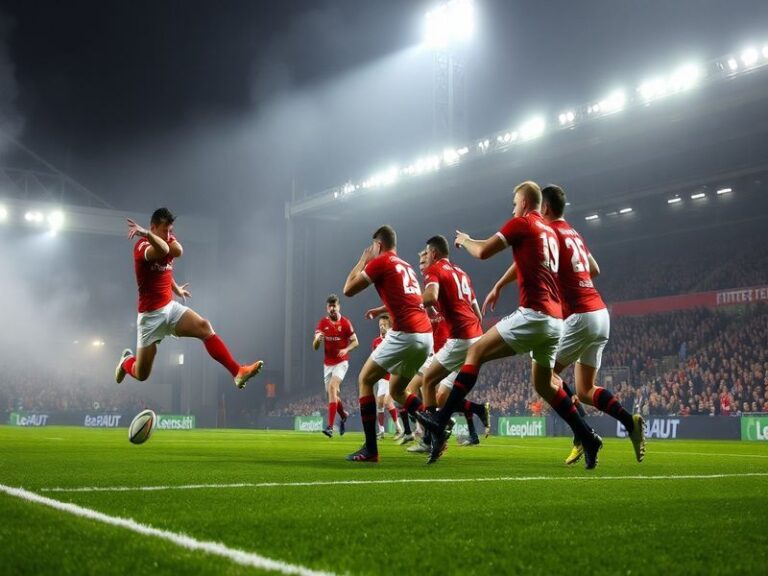 A dynamic action shot of Exeter Chiefs and Munster players colliding in a Champions Cup match, with Exeter in red and black a