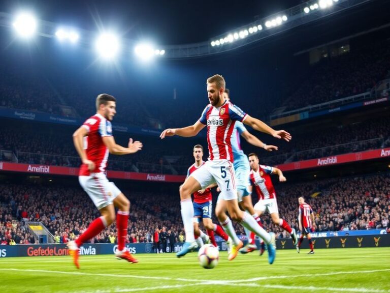A vibrant shot of Real Sociedad's Reale Arena during the match, showing players in mid-action, a packed stadium with glowing