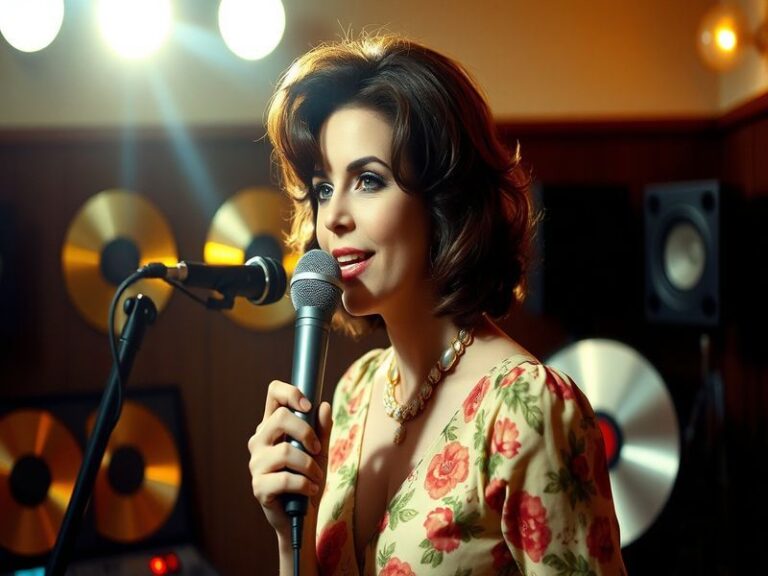 A warm, nostalgic portrait of Marie Osmond mid-performance in a sequined dress, bathed in soft stage lighting, with a vintage