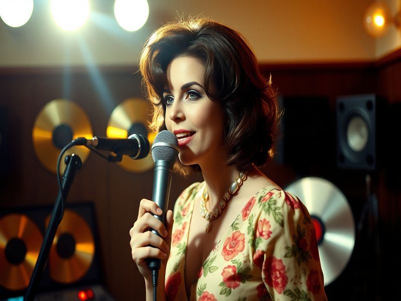 A warm, nostalgic portrait of Marie Osmond mid-performance in a sequined dress, bathed in soft stage lighting, with a vintage