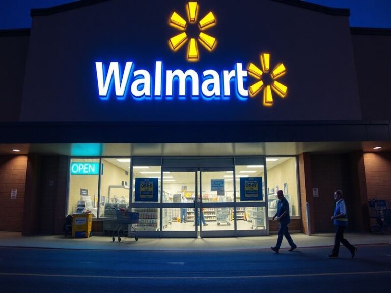 A well-lit Walmart store exterior at dusk, with a few shoppers entering and exiting, Easter decorations faintly visible insid
