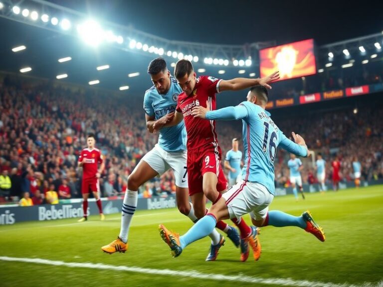 A vibrant stadium atmosphere with Manchester City and Liverpool players mid-match, featuring the Etihad and Anfield crests pr