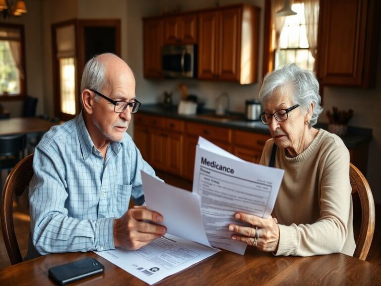 A close-up of an older couple reviewing Medicare documents at a kitchen table, with a laptop displaying healthcare.gov. Warm