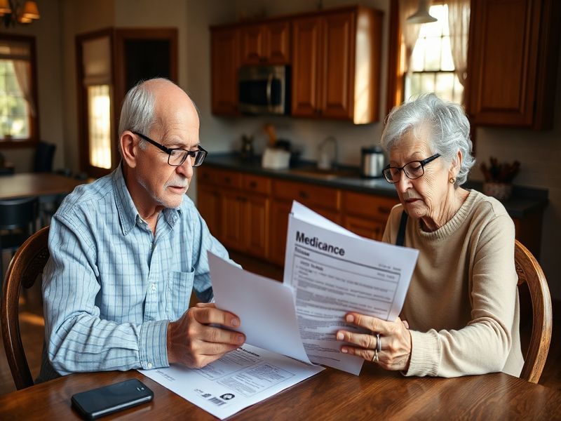 A close-up of an older couple reviewing Medicare documents at a kitchen table, with a laptop displaying healthcare.gov. Warm