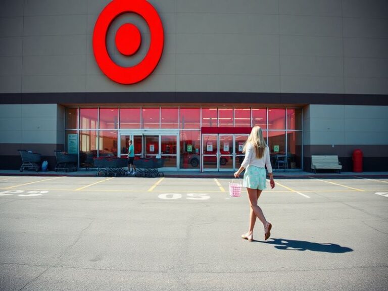 A modern Target store exterior decorated with Easter-themed balloons and spring decorations, with shoppers entering and exiti