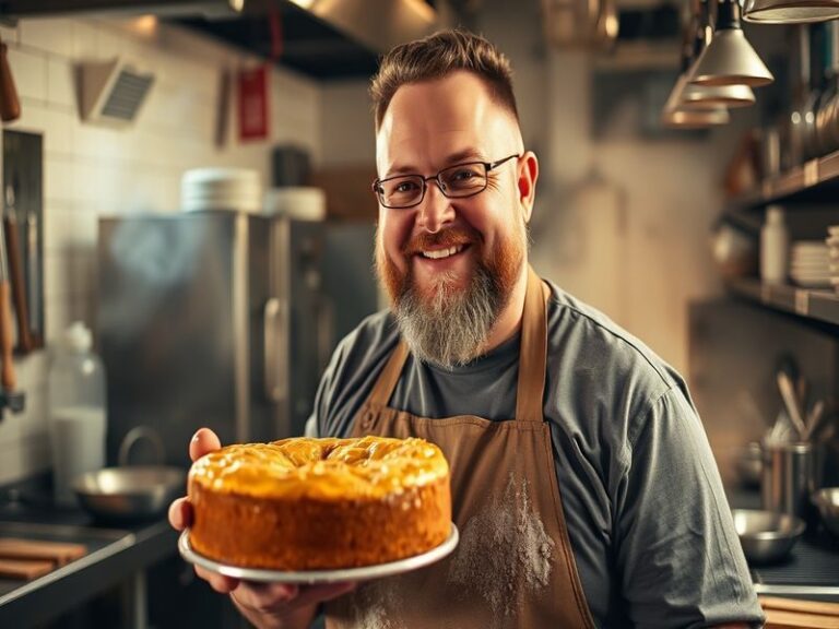 A vibrant, well-lit bakery kitchen with Duff Goldman in his signature blond hair, wearing a chef's jacket, decorating an intr