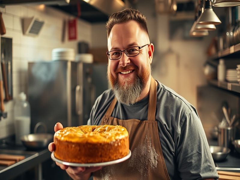 A vibrant, well-lit bakery kitchen with Duff Goldman in his signature blond hair, wearing a chef's jacket, decorating an intr