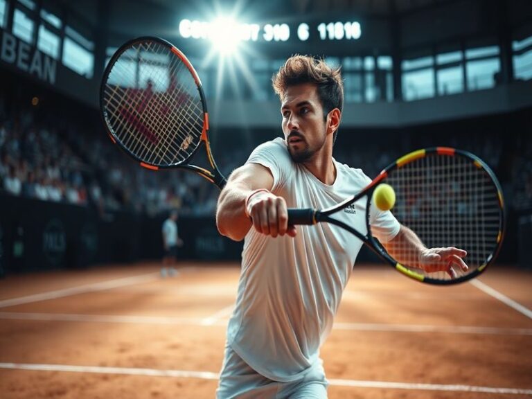 A dynamic action shot of Marco Trungelliti mid-match on a clay court, showcasing his intense focus and athletic form. The set