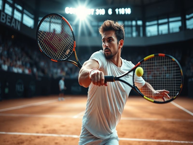 A dynamic action shot of Marco Trungelliti mid-match on a clay court, showcasing his intense focus and athletic form. The set