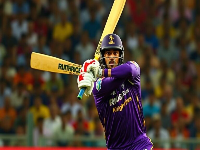 A dynamic action shot of Nitish Rana playing a cover drive during an IPL match, wearing Mumbai Indians' blue jersey. The back