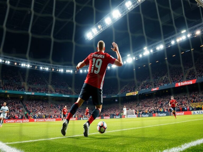 A dramatic shot of the BayArena during a Leverkusen vs Wolfsburg match, showcasing the stadium atmosphere, players in action,