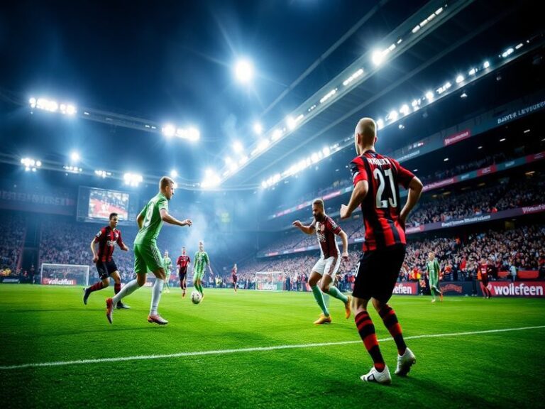 A vibrant stadium atmosphere at BayArena with Leverkusen and Wolfsburg players in action, featuring the clubs' logos prominen
