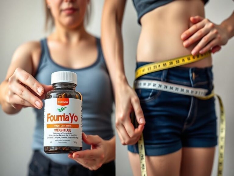 A split-screen image showing a bottle of Foundayo pills on one side and a balanced meal with exercise equipment on the other,