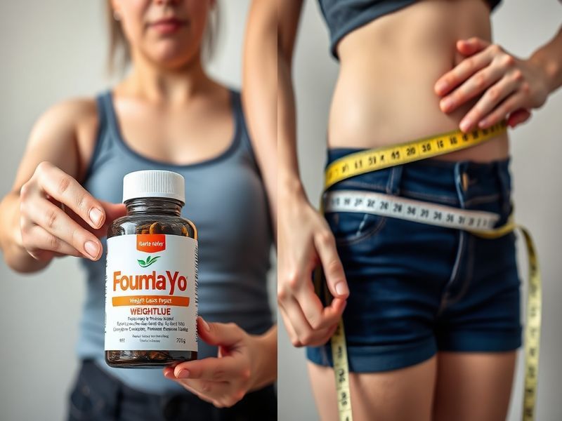 A split-screen image showing a bottle of Foundayo pills on one side and a balanced meal with exercise equipment on the other,