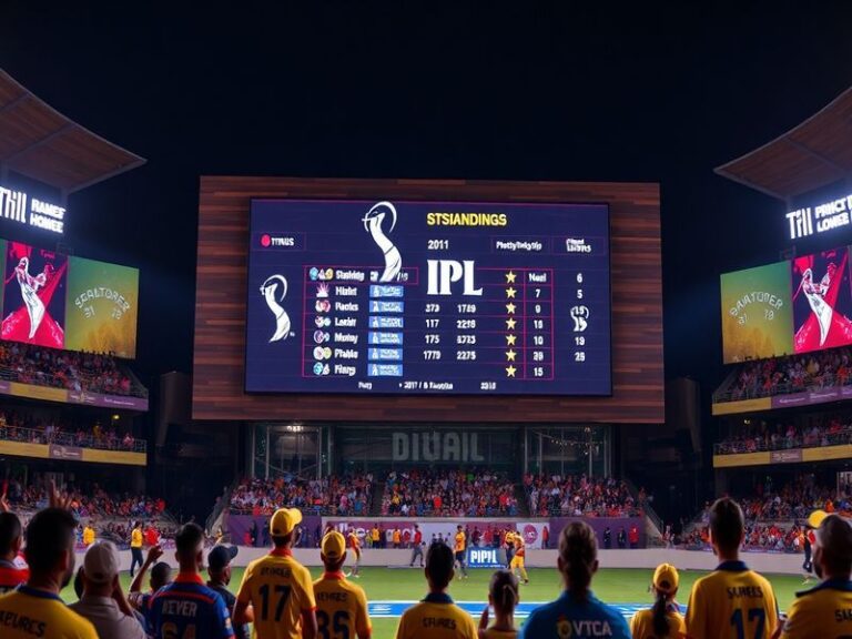 A vibrant cricket stadium filled with cheering fans, displaying the IPL logo and digital scoreboards showing the latest stand
