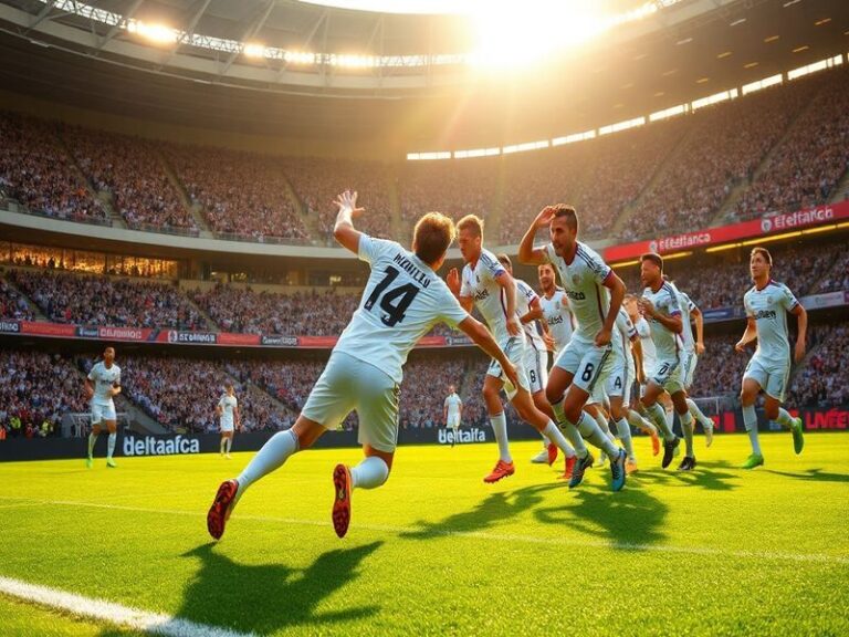 A vibrant shot of R.C.D. Mallorca's Son Moix stadium under floodlights, with Real Madrid players in white and Mallorca's red-