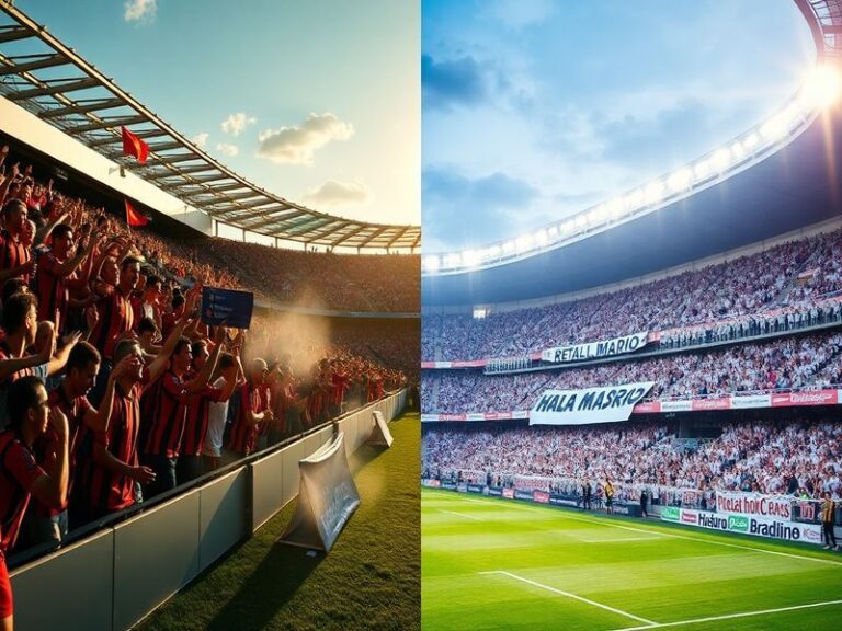 A dynamic shot of a Real Madrid player in white and gold dribbling past a Mallorca defender in blue, with the Mallorca stadiu