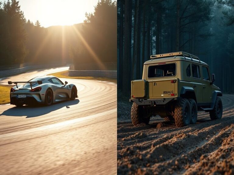 A split-screen image showing a high-speed GT racer on a detailed track on one side, and a Rocket Racing vehicle mid-aerial ma