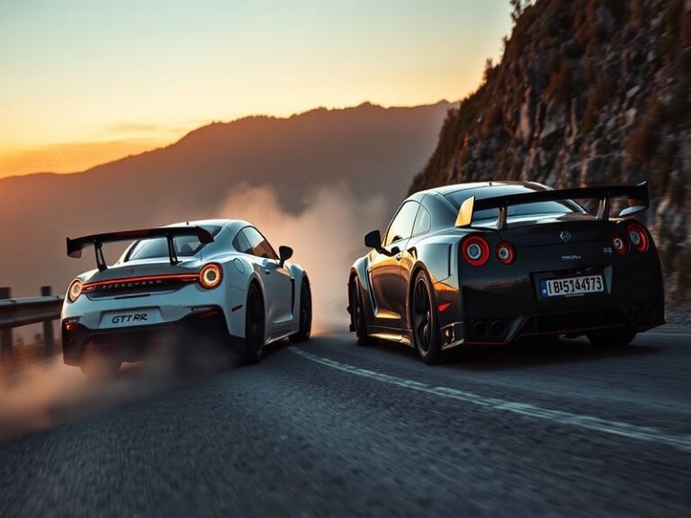 A split-image visual: on the left, a sleek, metallic-blue Radford Racing endurance car on a classic European circuit at dusk;
