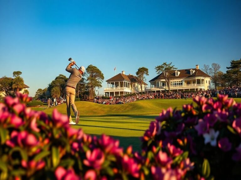 A panoramic view of Augusta National Golf Club during the Masters Tournament, showcasing the iconic azalea-lined fairways, th