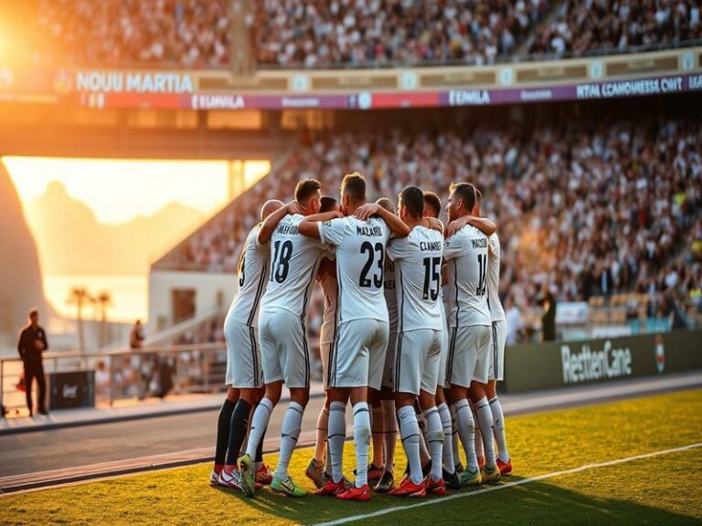 A vibrant shot of RCD Mallorca players celebrating a goal against Real Madrid at the Visit Mallorca Stadium, with the sun set