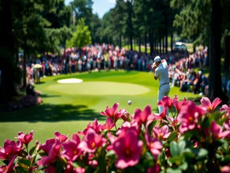 Aerial view of Augusta National Golf Club during the Masters Tournament, showing the iconic 1st hole with vibrant azaleas in