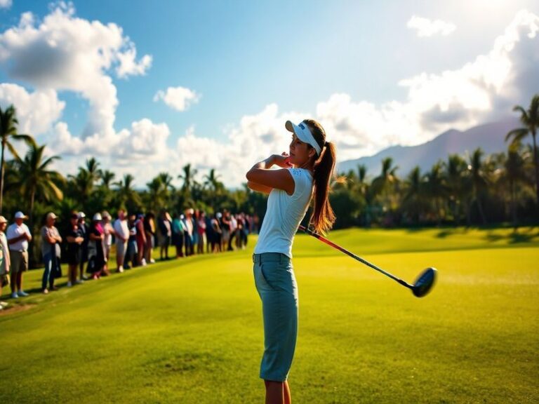 A professional golfer in mid-swing on a lush green course, wearing a bright golf outfit, with a crowd of diverse spectators b