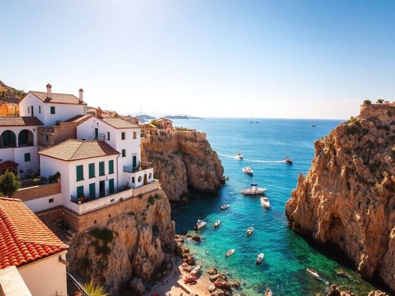 Aerial view of Mallorca’s Tramuntana mountains meeting the turquoise Mediterranean Sea, with traditional stone fincas dotting