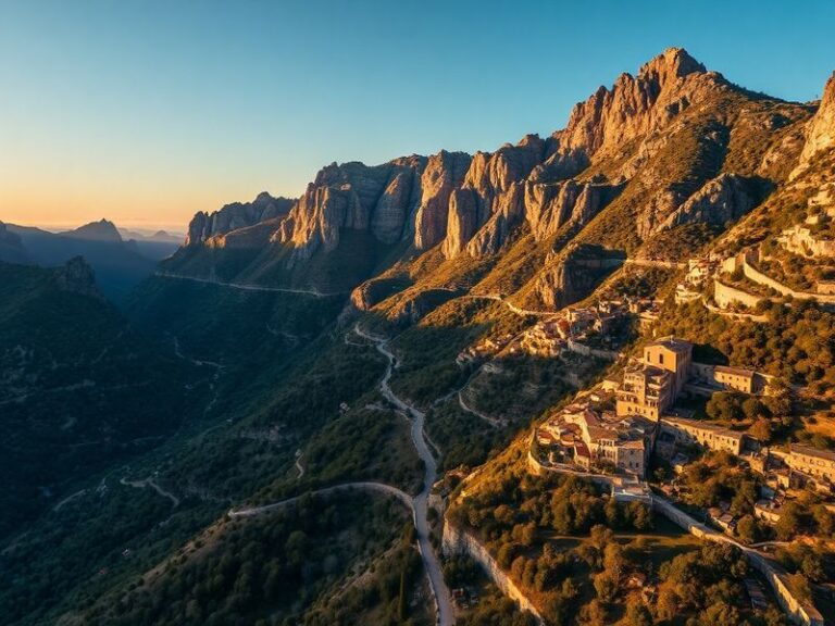 Aerial view of Mallorca’s Tramuntana Mountains meeting the turquoise Mediterranean, with traditional stone villages nestled a