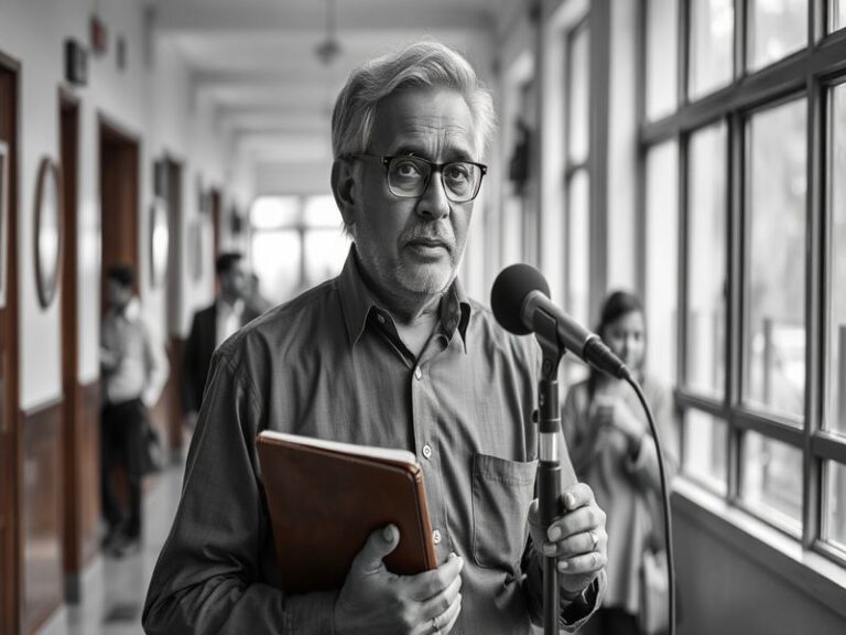 A portrait of Ashok Sharma in a modest office, surrounded by technical diagrams and maps of Indian states. He is in his 40s,