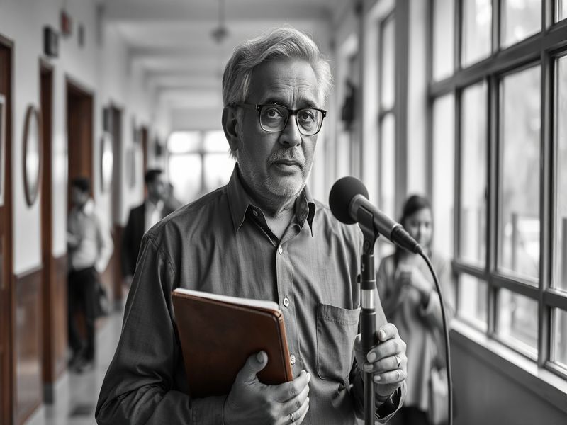 A portrait of Ashok Sharma in a modest office, surrounded by technical diagrams and maps of Indian states. He is in his 40s,