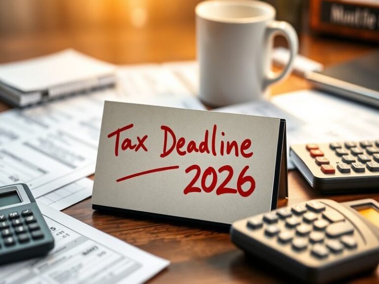 A professional desk setup with a laptop displaying tax forms, a calculator, a coffee mug, and a calendar marked with April 19