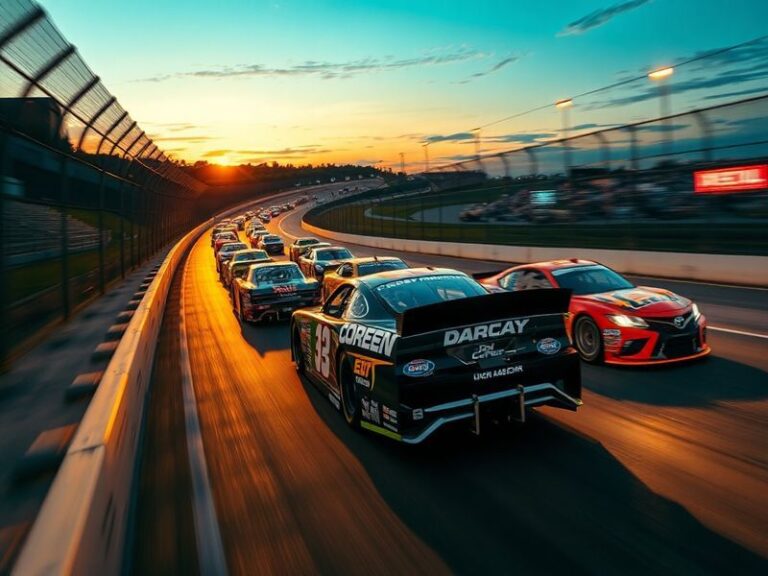 A high-energy shot of a NASCAR race at night, with cars speeding under bright track lights, surrounded by a packed grandstand