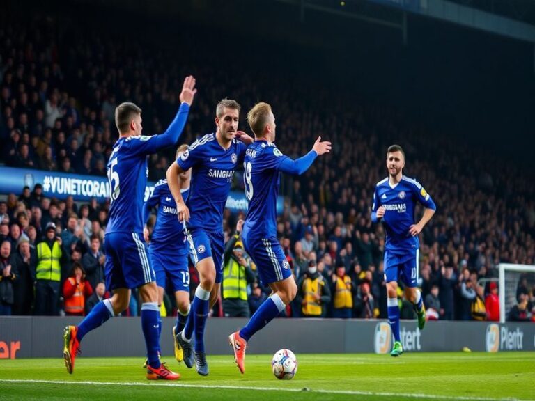 A vibrant match scene at Vale Park with Chelsea players in blue celebrating a goal, Port Vale fans in red-and-white scarves c
