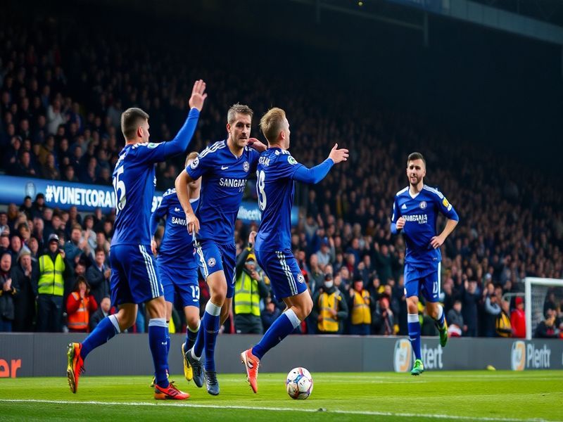 A vibrant match scene at Vale Park with Chelsea players in blue celebrating a goal, Port Vale fans in red-and-white scarves c