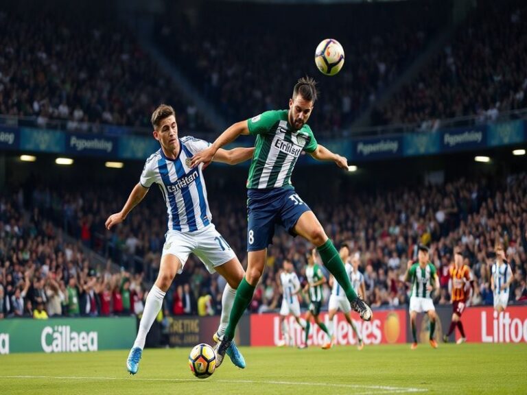 A packed Estadio Benito Villamarín with Real Betis players celebrating a goal, surrounded by jubilant fans in green and white