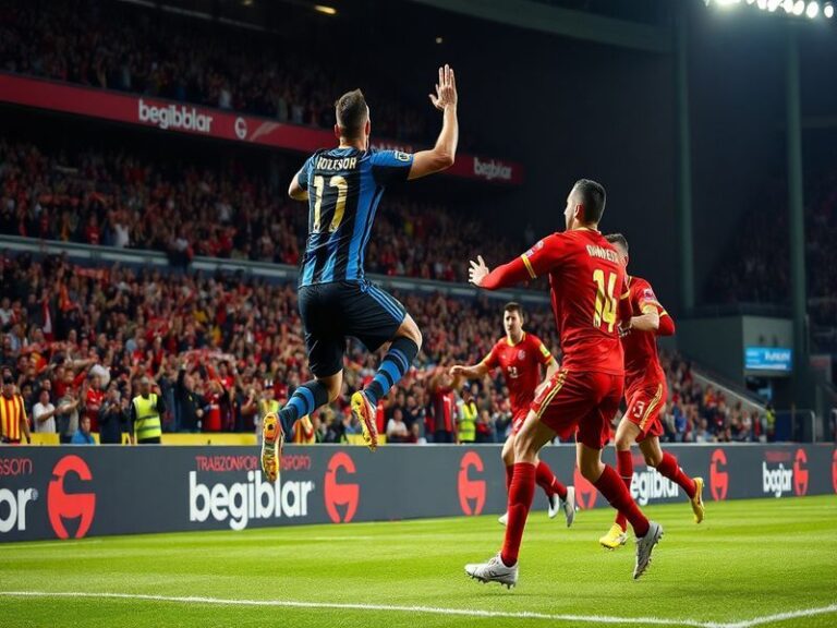 A vibrant stadium atmosphere during a Trabzonspor vs Galatasaray match, with blue-and-navy Trabzon fans in the foreground and