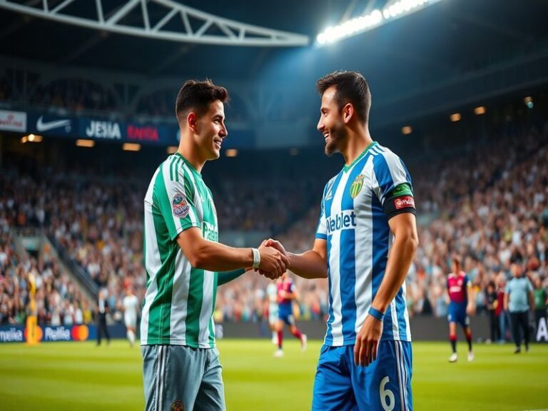 A vibrant stadium atmosphere during a Real Betis vs RCD Espanyol match, featuring green and white Betis flags alongside blue
