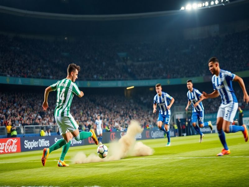 A dynamic shot of Real Betis striker Borja Iglesias celebrating a goal against Espanyol, with Betis players in red and white