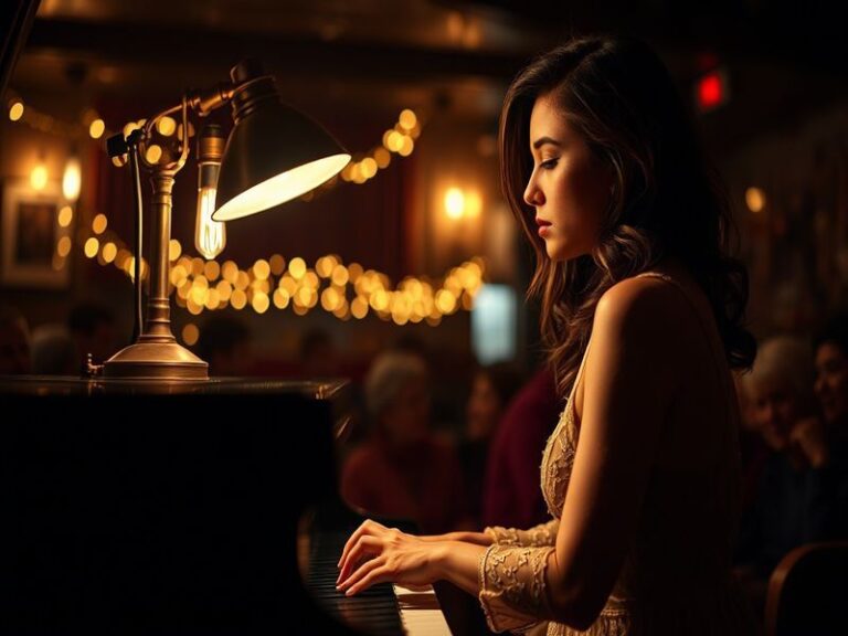 A vibrant studio scene showing Jazmin Ortenzi adjusting projection equipment in a dimly lit room filled with screens displayi